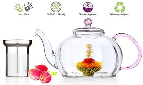 Glass Teapot No Drip Special Lead Free Glass (50 oz Pink Royal) Hand Crafted