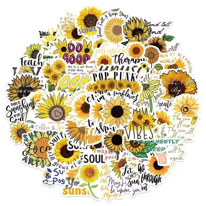 50pcs Insipirational Sunflower Face Stickers, Cute Water Bottle Stickers for Kids, for Teaching Rewards, Notebooks, Stationery, Luggage, Cartoon PVC Sticker