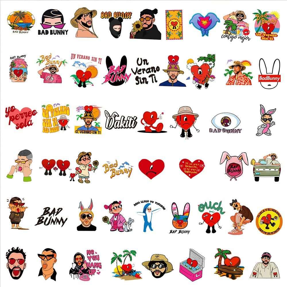 50 pack of Bad Bunny inspired waterproof vinyl stickers for laptops and water bottles