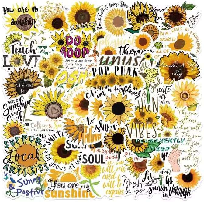 50pcs Insipirational Sunflower Face Stickers, Cute Water Bottle Stickers for Kids, for Teaching Rewards, Notebooks, Stationery, Luggage, Cartoon PVC Sticker