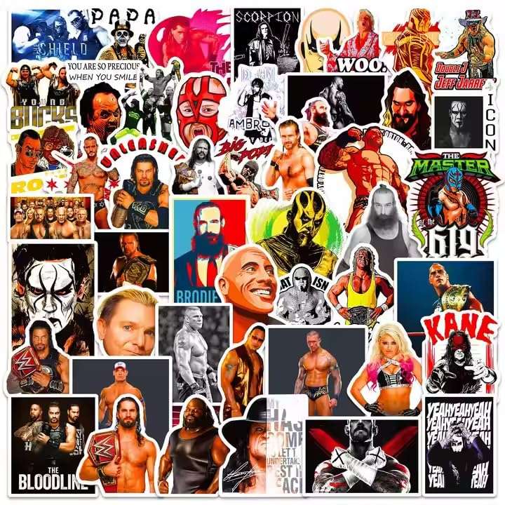 WWE wrestling icons waterproof vinyl sticker set for gym bottles and lockers.